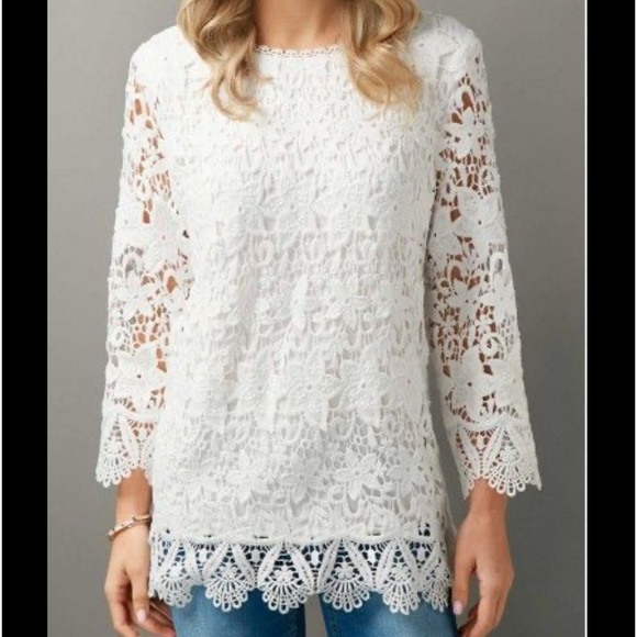unbranded Tops - White Lace Embroidered Long Sleeve Tunic Top Size XL